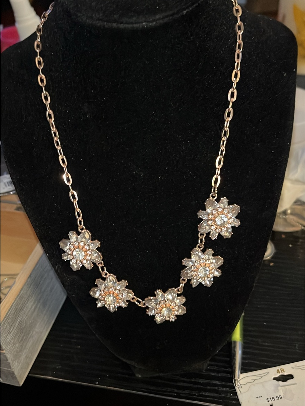 Floral Crystal Statement Necklace - Gold Tone